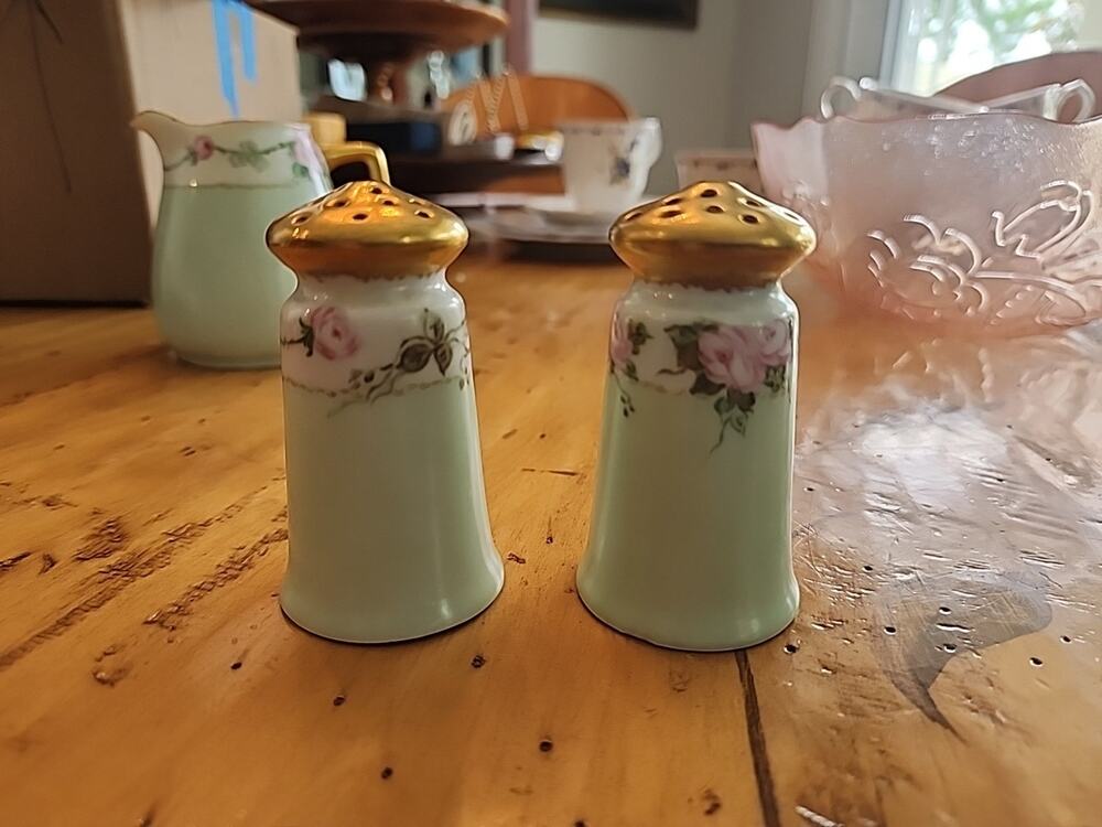 Mint Green and Pink Roses Salt & Pepper, Creamer Set by Silesia China (Antique?)